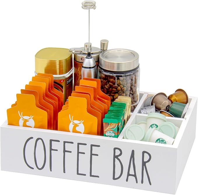 Coffee Station Organizer with Removable Dividers Disposable Cup Holder Wooden Countertop Organizer for Tea Condiment Accessories Storage Farmhouse Bar Decor Black (White) by Bokelai