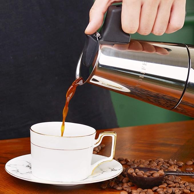 YOLIFE Stovetop Espresso Coffee Maker, Induction Stainless Steel Italian Moka Pot, Pressure Heat Cooking Coffee for Italian Espresso, Cappuccino and Latte, 300ml / 10oz / 6 Espresso Cup (1 Cup=50ml)
