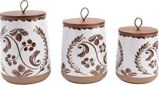 TTU Tabletops Gallery Ceramic Canister Collection- Stoneware Designed Kitchen Storage Acacia Wood White Set, 3 Piece Botanical Brown Canister Set