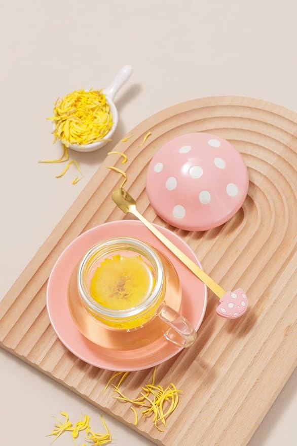Mushroom Tea Cup Set, Cute Glass Tea Cups and Saucers, Kawaii Tea Cup with Infuser for Loose Leaf Tea Steeper, Coffee Mug Christmas Gifts for Women,Tea Infuser Mug with Lid for Mother Girls (Blue)