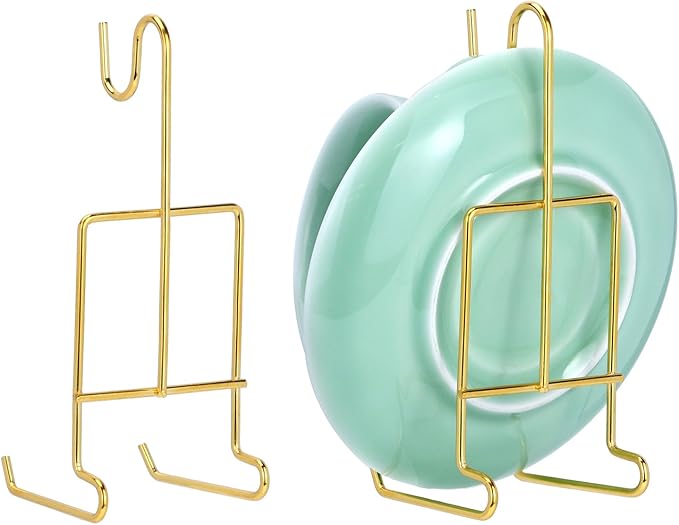 QWORK 6 Pack Gold Tea Cup and Saucer Display Stand Holder Rack for China Coffee Mugs Organizer – Teacup Easel for Kitchen, Dining Room, and Curio Cabinet Displays