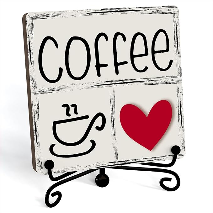 Funny Coffee Signs, Coffee Heart Sign, Funny Coffee Bar Desk Decor, Coffee Signs For Coffee Station, Coffee Shelf Decor, Farmhouse Rustic Wooden Plaque With Stand (C16) - Image 2