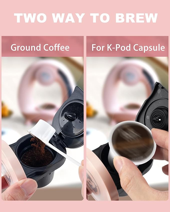 2-in-1 Coffee Maker, Fast Brew in 1.5mins, Single Serve Coffee Machine Compatible with K-Cup Pods & Ground Coffee, 1400W with 20s Preheat, Compact for Home,Small Place,Office & RV, 8oz,Pink