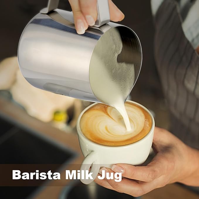 Milk Frothing Pitcher,Milk Steaming Frother Cup,Barista Cappuccino Latte Art Milk Jug with Decorating Pen,Stainless Steel Espresso Coffee Bar Accessories Tools (Silver, 20oz)
