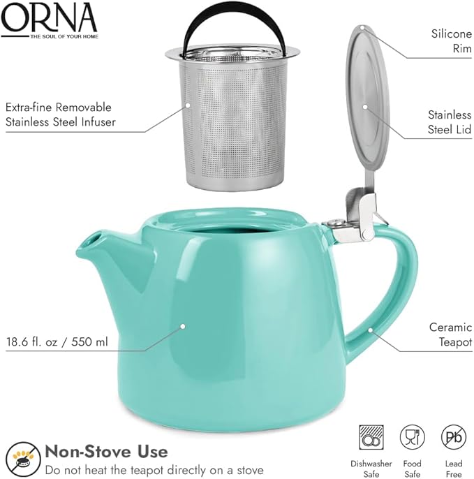 ORNA Ceramic Teapot with Tea Infuser – Small Tea Pot for Loose Leaf Tea – 550ml / 18.6 Oz Non-Stove Porcelain Teapot for 2 Cups with Tea Strainer (Turquoise)