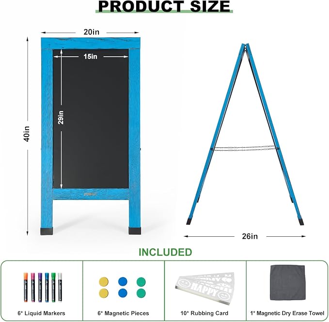 Large Sandwich A-Frame Chalkboard Sign - 40 x 20 Inches Blue Magnetic Wooden Chalk Board for Sidewalk, Stand up Double-Sided Outdoor Easel Display for Restaurant Cafe Shop Wedding Party or Business - Image 2