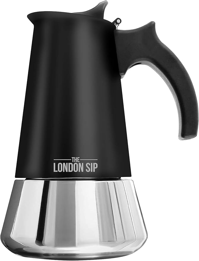 London Sip Stainless Steel Stovetop Espresso Maker Moka Pot Italian Coffee Percolator, Matte Black, 10 Cup