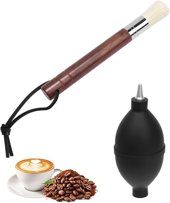 Espresso Brush Kit – Coffee Grinder Brush with Ebony Wood Boar Bristles & Lanyard, Black Rubber Air Blower Nozzle, Compatible with Espresso Machines, Coffee Grinders by PROKITCHEN