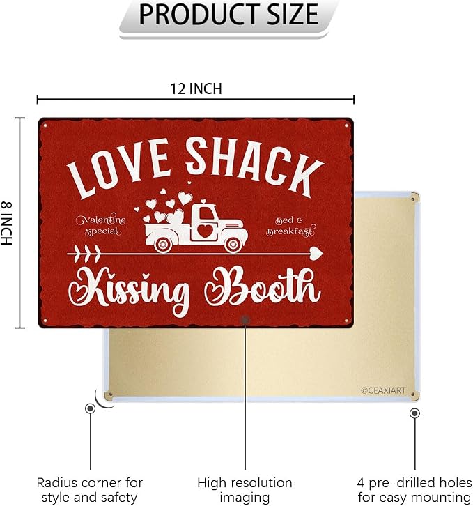 Kissing Booth Tin Sign Love Shack Metal Signs Valentine's Day Wall Art Decoration Home Farmhouse Bar Kitchen Cafe Living Room Coffee Corner White Day Decor Romantic Gift 12" x 8" - Image 2