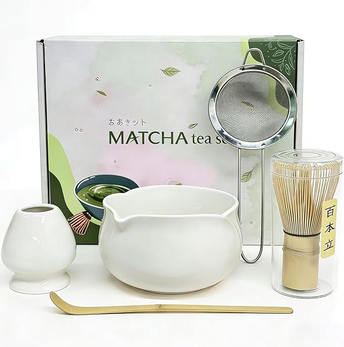 5Pcs Matcha Set Bowl and Whisk, White Ceramic Matcha Set Kit, Complete Matcha Making Kit Gift for Ceremony Matcha Tea Lover