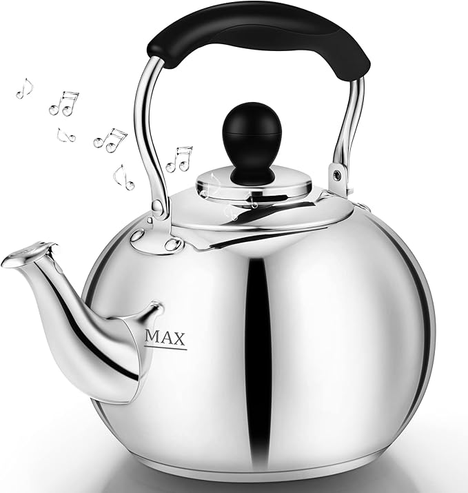 Stovetop Tea Kettle - 2.0 Quart Round Tea Pot for Stovetop, Whistle Alert, Mirror Polished Classic Water Kettle, Food Grade Material Teapot for Stove Top, Compatible with Gas & Electric Coil Stovetop