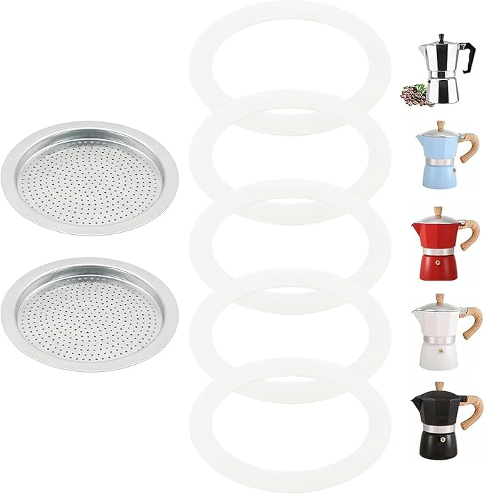 6 Cups Moka Pot Coffee Gasket Replace for Bia-letti Moka Aluminium Stovetop Espresso Coffee Maker Pots, 2 Stainless Filter and 5 Gaskets