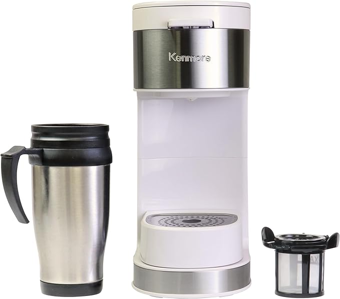Kenmore Single Serve Coffee Maker – 6–14 Oz Brew Sizes, Compatible with Keurig K‑Cup Pods & Ground Coffee, One Cup Brewer, Travel Mug Friendly, Auto Shut‑Off, Hot & Iced maquina de cafe, White