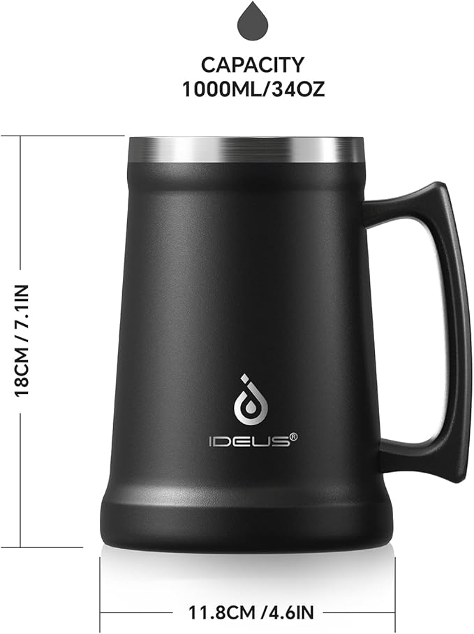 Ideus Insulated Beer Stein, 24/32oz Stainless Steel Double Walled Beer Mug Giant Bar Drinkware Metal Beer Cup with Big Grip Handle (Black, 34oz (1,000ml))
