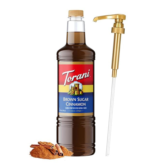 Torani Brown Sugar Cinnamon Syrup 1 Liter Bottle with Pump – Premium Coffee Flavoring Made with Pure Cane Sugar & Natural Flavors for Lattes, Oatmeal, Cocktails & Desserts – Café-Quality Sweetener by Torani