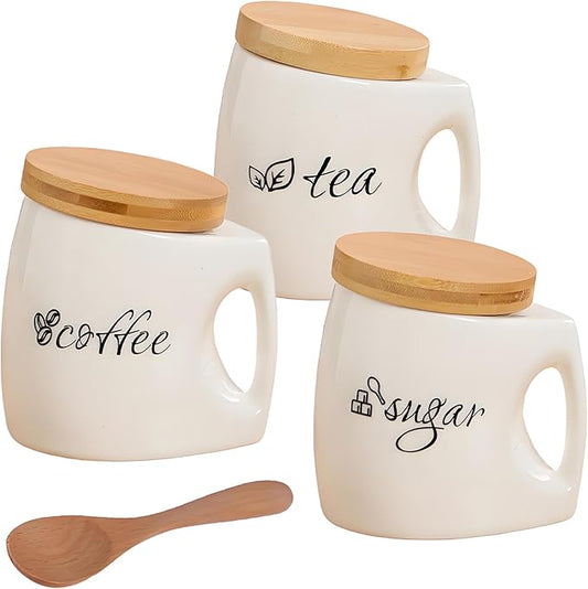 Ceramic Canister Set with Airtight Lid, Kitchen Canisters for Countertop with Comfort Grip, White Canisters Set of 3 for Coffee Sugar Tea, Home Decor (25oz/750ml)