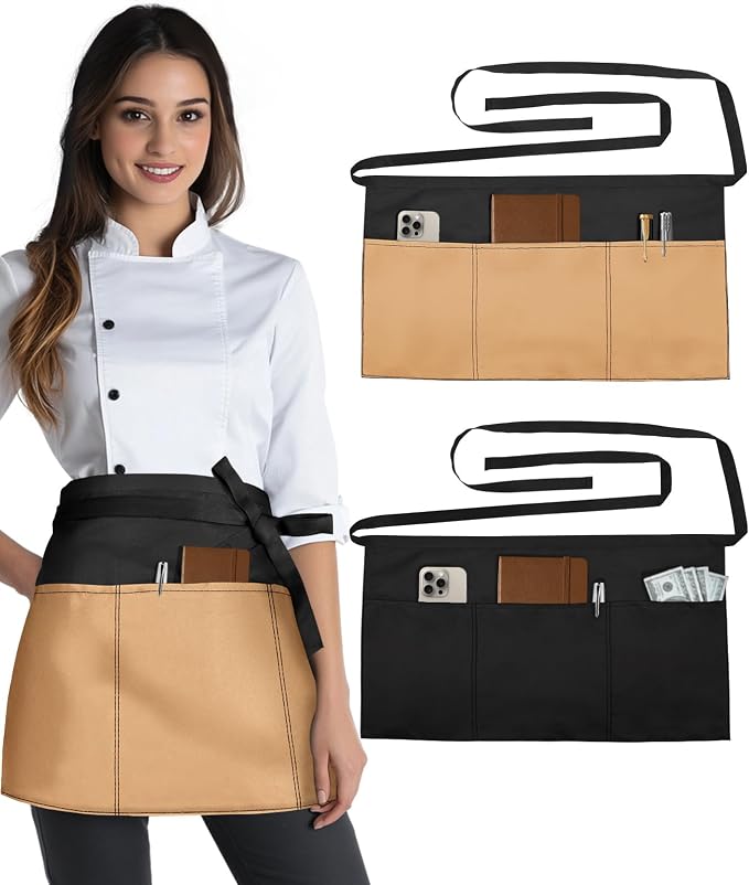 Slohif Reversible Server Apron 6 Pockets - Waist Apron for Waitress Women Half Serving Short Apron for Waiter by Slohif