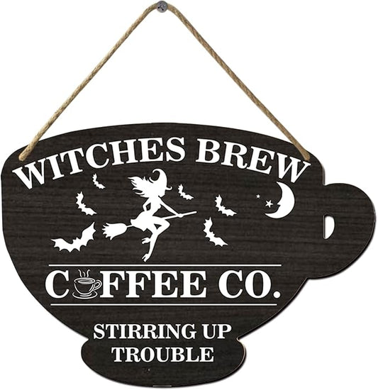 Halloween Witches Brew Coffee Co.Wood Sign Coffee Cup Wooden Sign Alloween Coffee Shop Home Kitchen Office Cafe Coffee Station Door Wall Decor 4.8x6.78 Inch by Nwijvsn