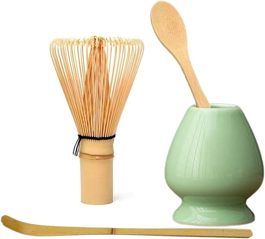 Matcha Tools ，Matcha Whisk Holder， Matcha Chasen Whisk Stand ，Ceramic Holder ，Matcha Bowl ，Traditional Japanese Tea Ceremony Starter (Fruit Green Ceramic Holder，Whisk ， 4 set)