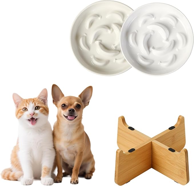 Slow Feeder Cat Bowl Set - White Melamine Maze Dish in 2 Styles (Single Bowl & with Bamboo Stand) - Whisker-Friendly, Shallow, Elevated Combo
