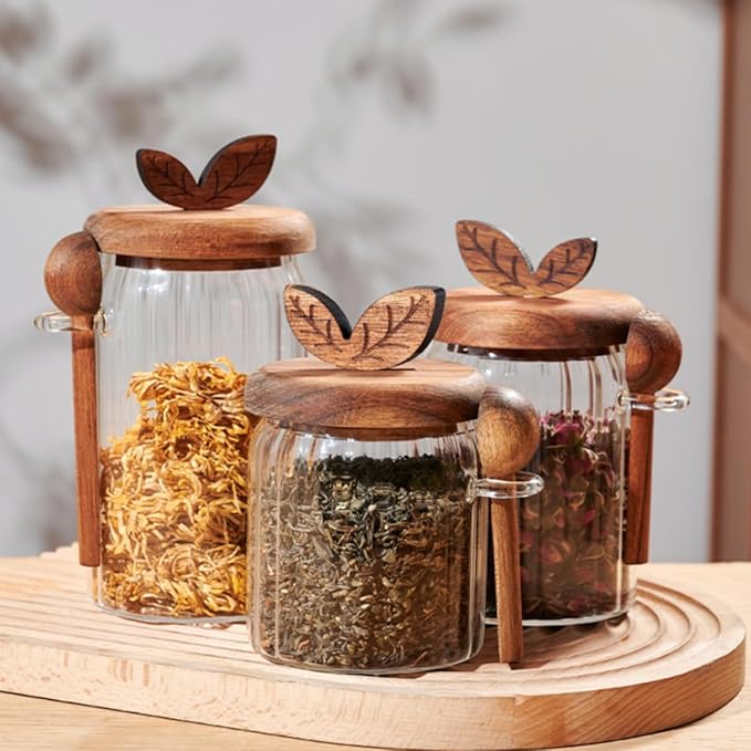 ANSQU Glass Jar with Wooden Lid and Spoon, 20.3oz Glass Food Storage Containers Coffee Jar Coffee Grounds Container, Coffee Canister holds up to 7.4oz Coffee Beans