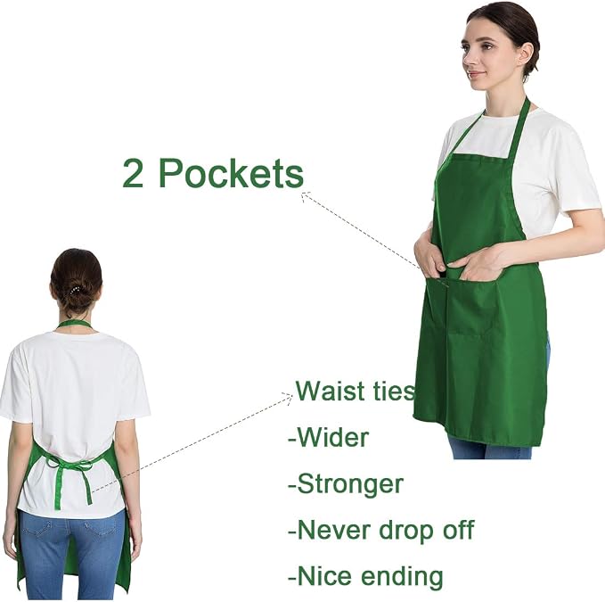 Total 6PCS Green Plain Color Bib Apron for Adult Women Unisex Durable Comfortable with 2 Front Pockets Washable Aprons for Chef Cooking Baking Kitchen Restaurant Crafting - Image 3