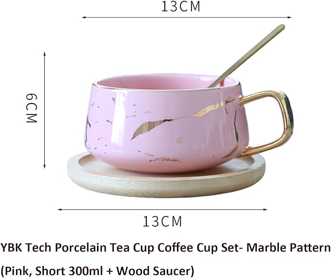 YBK Tech Porcelain Tea Cup Coffee Mug Set for Afternoon Tea - Marble Pattern (Pink, Short 300ml + wood saucer)