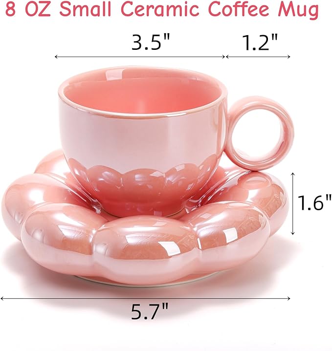 Goaste 2 Pack Ceramic Coffee Mug with Saucer Set, Cute Cloud Mug with Sunflower Coaster, 8oz Creative Latte Tea Cup for Office, Home, Coffee, Tea, Latte, Milk, Pink, Pearl White