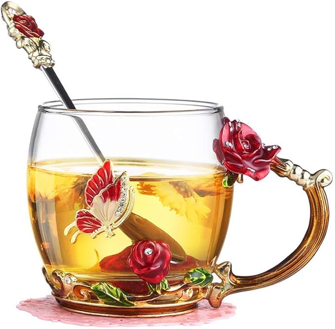Luka Tech Enamel Butterfly flower Lead-free Glass Coffee Mugs Tea Cup with Steel Spoon, personalised Gifts For Women Wife Mom Girl Teacher Friends Birthday Mothers Valentines Day Wedding (Rose)