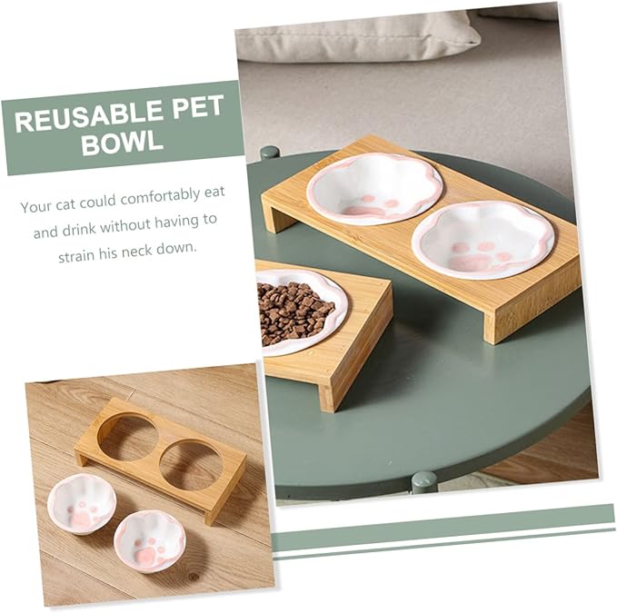 Bamboo Elevated Cat Bowl Ceramic Material Whisker-Friendly Bowl for Kitten Vomiting Relief