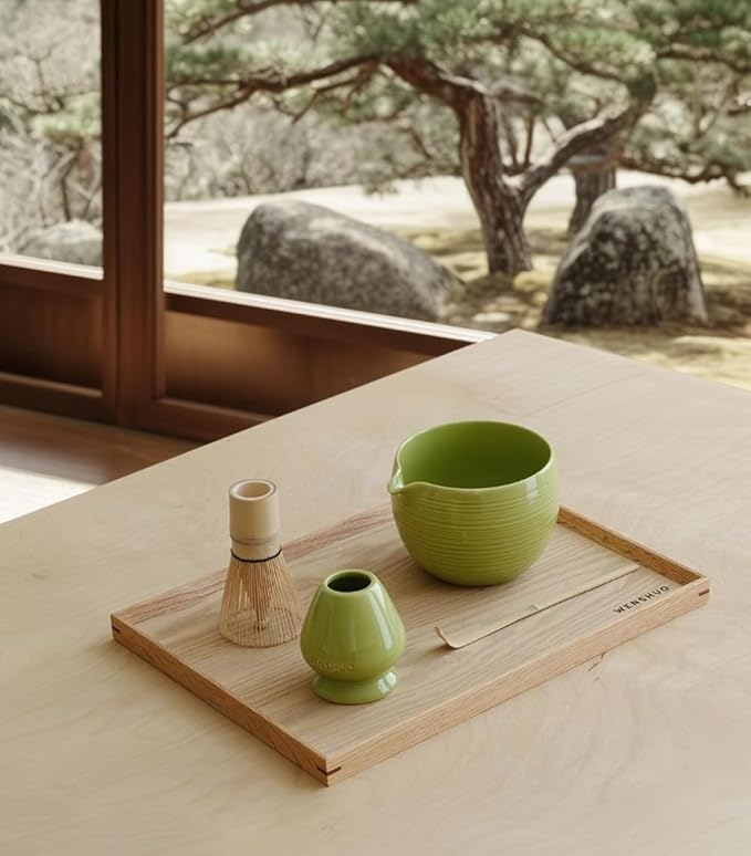 Matcha Whisk Set, Ceramic Matcha Bowl & Whisk Holder, Bamboo Accessory, Modern Design (Matte Crème, Pouring Spout) (Avocado Green)
