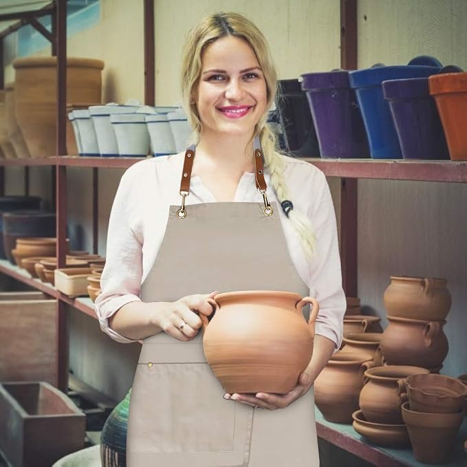 Crossback Apron with Pockets, Apron with Adjustable Straps | Pockets x2, Adjustable & Removable Straps, Canvas, Unique Split Apron for Ceramics, Home, Kitchen, Restaurant,M-XXL (Beige) - Image 7