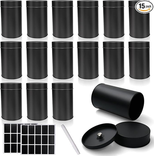 15 Pack 16oz Metal Tea Tins Black Tea Round Tin Can Container with Airtight Double Lids for Loose Leaf Tea Storage in Kitchen, Sugar, Spices