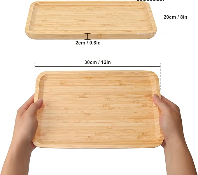 4 Pack 12 x 8 x 0.8 Inch Bamboo Serving Tray with Handles, Rectangular Wooden Breakfast Tray, Decorative Coffee Platter for Serving Food, Kitchen, Living Room, Picnic
