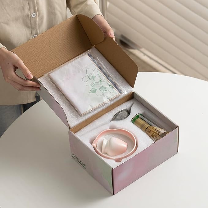 Japanese Matcha Tea Set, Pink Peach Ceramic Matcha Bowl with Soft Glaze, Bamboo Whisk & Scoop, Complete Tea Ceremony Kit with Gift Box