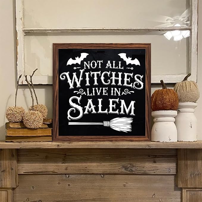 Halloween Theme Decorative Sign Not All Witches Live In Salem Wooden Sign, With Frame Witch Broom Sign for Home Kitchen, Cafe, Bedroom Halloween Decor 7.87x7.87 Inch - Image 6