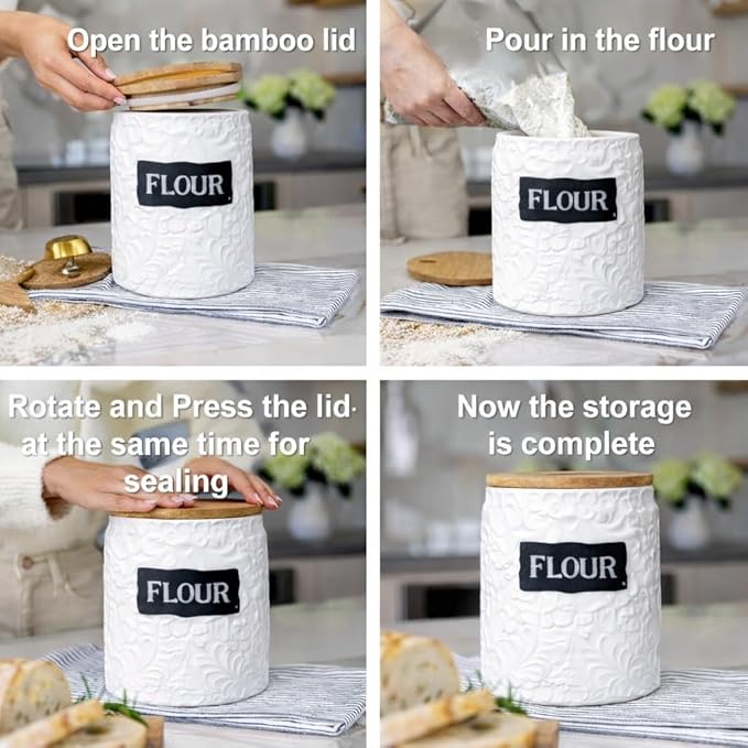 Canisters Set of 2 – White Ceramic Flour and Sugar Containers (94oz & 52oz) with Airtight Bamboo Lids, Decorative Kitchen Counter Storage Jars for Coffee & Pantry
