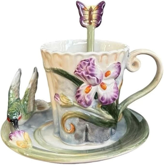 Ceramic Tea Cup and Saucer Set ，6OZ 3D Hand-painted Hummingbird and Flower Coffee Mug，Gift for Women