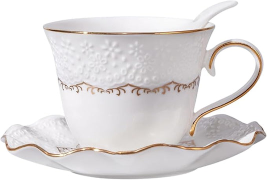 Tea Cup and Saucer Set for 1, Coffee Cup with Saucer and Spoon, Espresso Latte Cup for Women Gift, Dishwasher Safe, 6.8 Oz