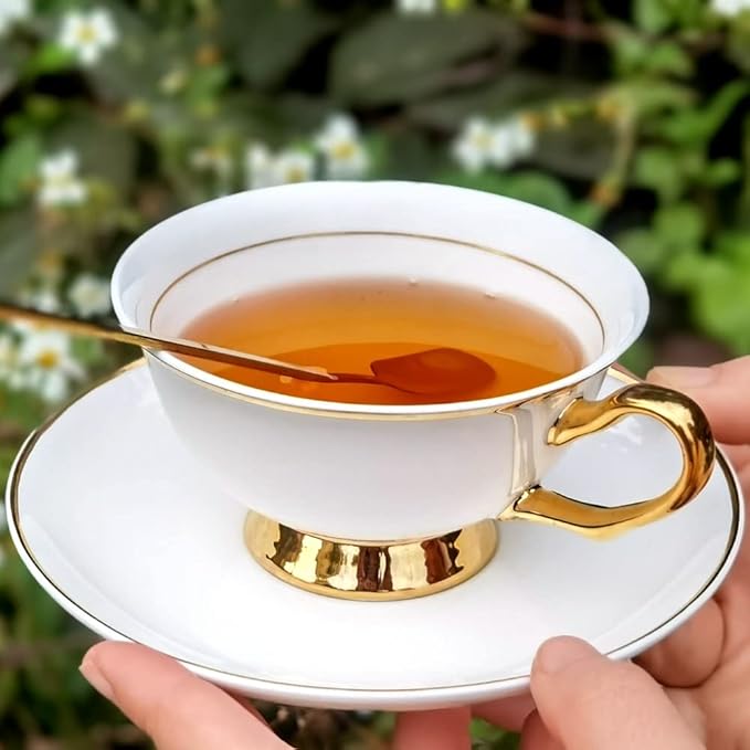 British Coffee Cup with Saucer and Spoon for Latte Americano Cups with Saucer Porcelain Tea Cups, Cups and Saucers with Gold platted rims and Handles
