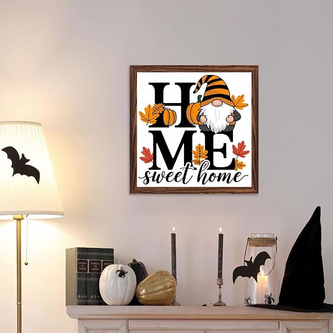 Rustic Home Sweet Home Wooden Sign, With Frame Farmhouse Fall Gnome Plaque Sign for Home Kitchen, Cafe, Bar, Garage Halloween Decor, Harvest Festival Decor 7.87x7.87 Inch - Image 5