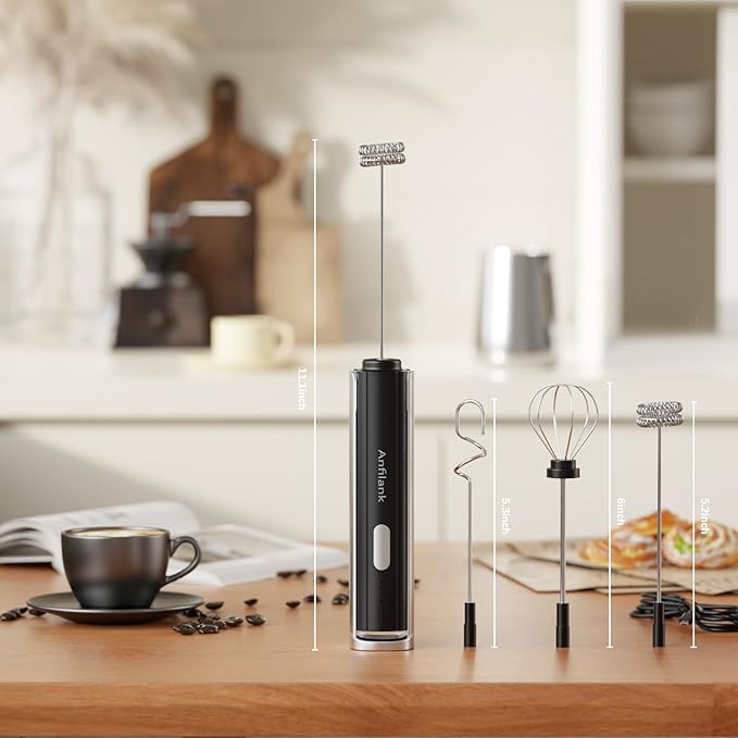 Handheld Milk Frother Wand with Folding Stand, Rechargeable Electric Whisk with 3 Speeds & 3 Stainless Heads, Milk Foam Maker with Stand for Latte, Cappuccino, Hot Chocolate, Egg
