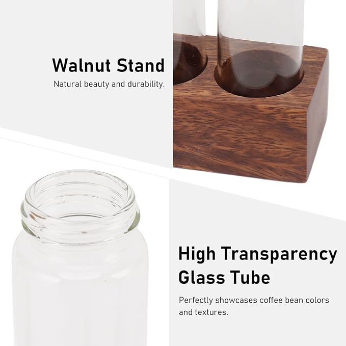 Fockety Coffee Bean Storage Tubes Single Dose, 6PCS or 12PCS Coffee Bean Cellar, Dosing Glass Vials with Lids, Wooden Display Stand and Funnel, Airtight Sealed Glass Canister Jars Tubes