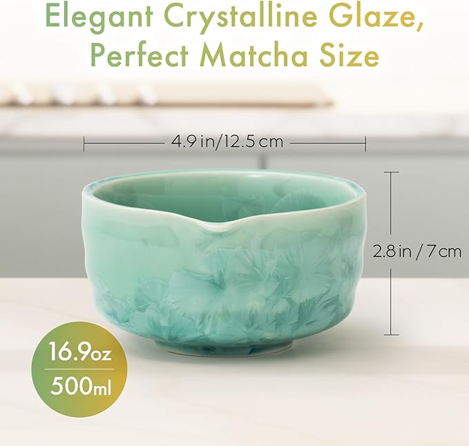 HIBINO Matcha Bowl | Japanese Crystal-Glazed Ceramic Matcha Tea Bowl with Spout | Traditional Matcha Chawan | Designed in Japan |「Crystal Shell Green」