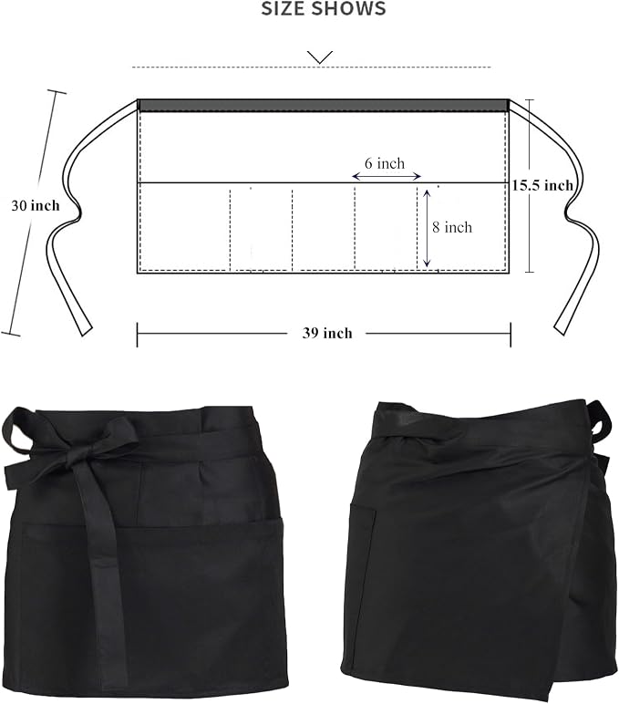 Server Aprons Large Size W 3 Pockets - Half Waist Apron in Black for Women Men - Image 4