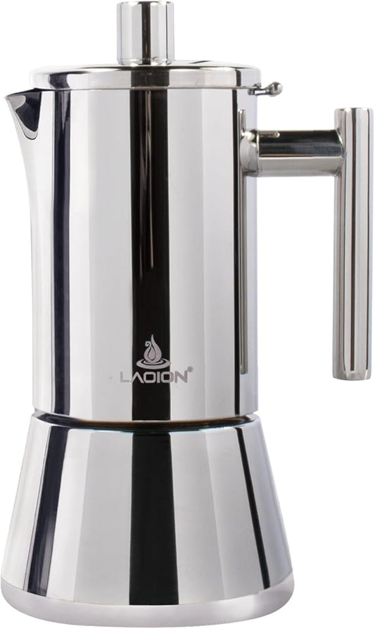 Stovetop Espresso Maker, 6Cup 10 oz Moka Pot, Stainless Steel Cuban and Italian Coffee Maker for Cafetera Cubana, Greca De Cafe Induction Stovetop Compatible, Coffee Gift for Home Travel