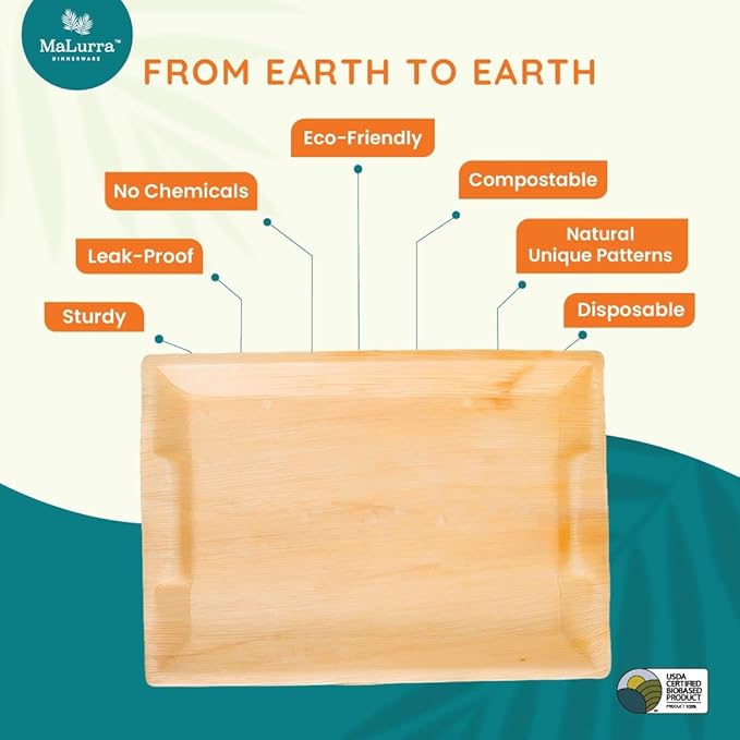 14"x10" Rectangle Tray - 50 PCs Disposable Serving Palm Platters Like Bamboo Charcuterie Tray | Biodegradable | Disposable | Eco-Friendly, Heavy Duty, Bulk | For Parties, Weddings, BBQs & Catering
