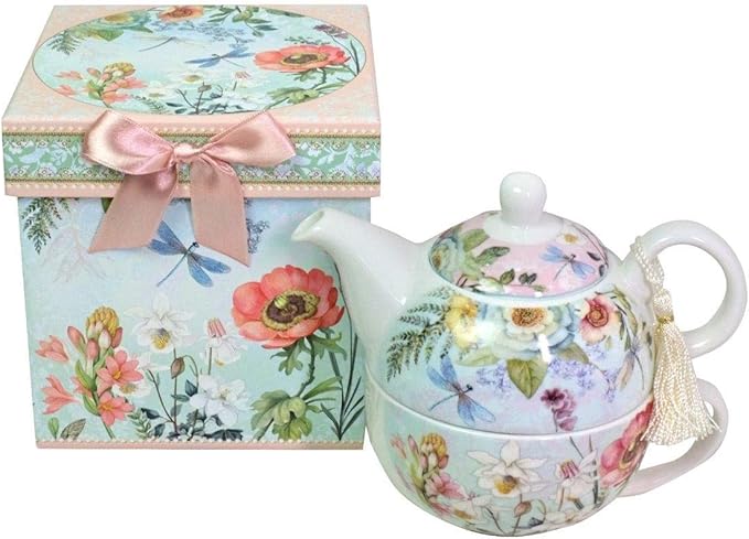 Lightahead Bone China Tea for One Set in Floral Design, in attractive Reusable Handmade Gift Box (With Ribbon)