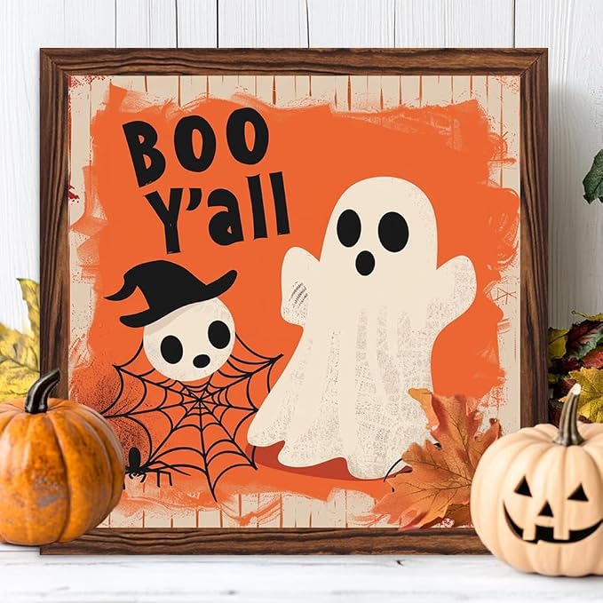 Vintage Halloween Cute Ghosts Boo Y'all Wooden Sign 7.87x7.87 Inch, Halloween Wall Art Wooden Sign For Bathroom, Cafe, Bar, Office Hanging Decor - Image 3