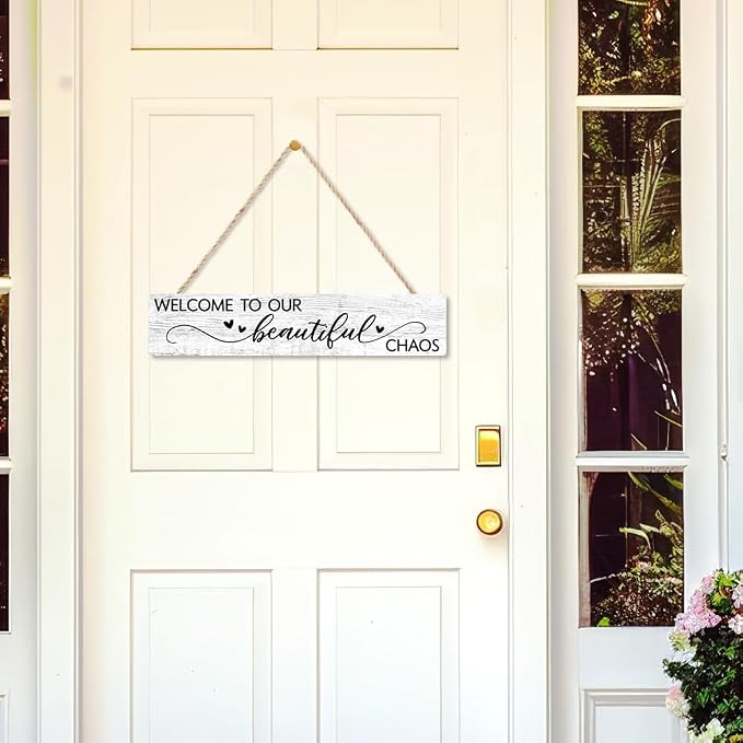 AGMDESIGN Welcome to Our Beautiful Chaos Wooden Sign, Rustic Wall Home Decor for Shelf Door, Farmhouse Yard Bedroom Playroom Porch Entryway Wooden Hanging Plaque, New Parents Housewarming Gifts - Image 3